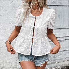 Solid Color Sweet Lace Puff Short Sleeve Shirt - kinko