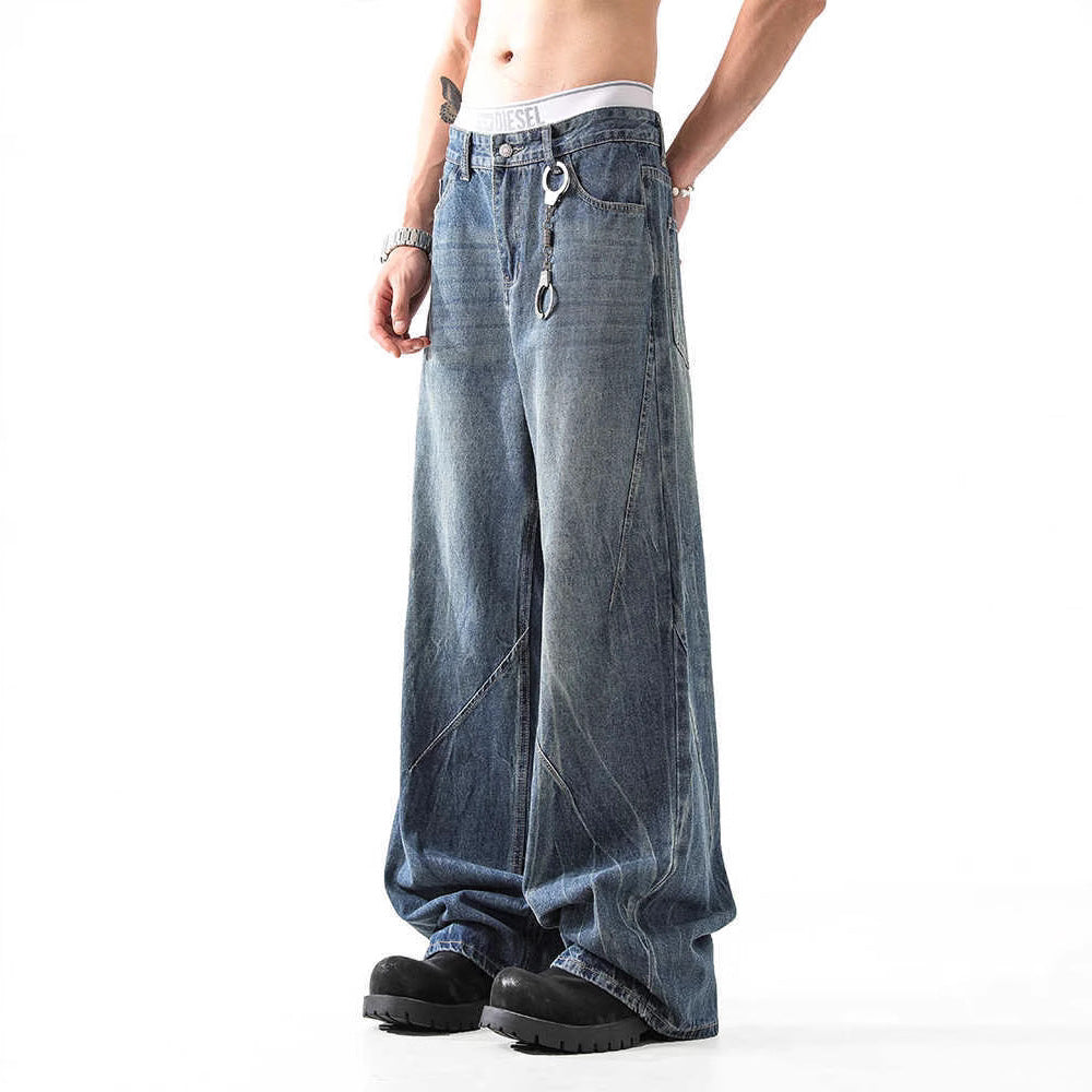 Lightning Pattern Washed Straight Jeans Men - kinko