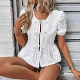 Solid Color Sweet Lace Puff Short Sleeve Shirt - kinko