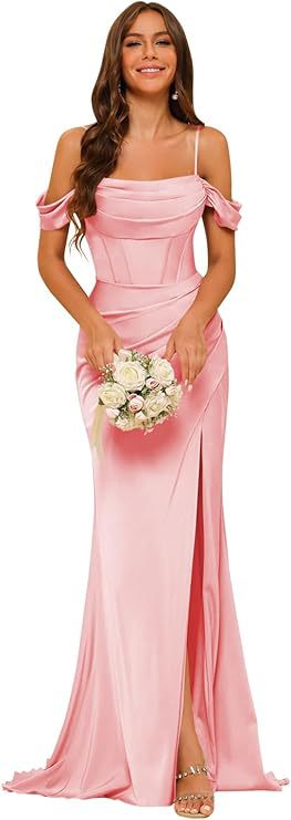 Off-the-shoulder Satin Bridesmaid Corset Ball Gown - kinko