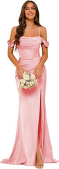 Off-the-shoulder Satin Bridesmaid Corset Ball Gown - kinko