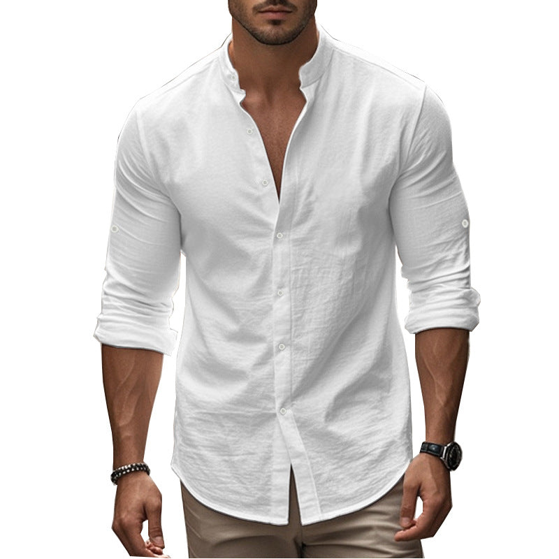 Men's Long Sleeve Standing Collar Slim Fit Casual Cotton Shirt - kinko