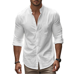 Men's Long Sleeve Standing Collar Slim Fit Casual Cotton Shirt - kinko