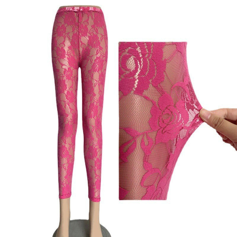 Sexy Tight Slim-fitting Ankle Length Trousers Solid Color Breathable Lace Rose Leggings - kinko