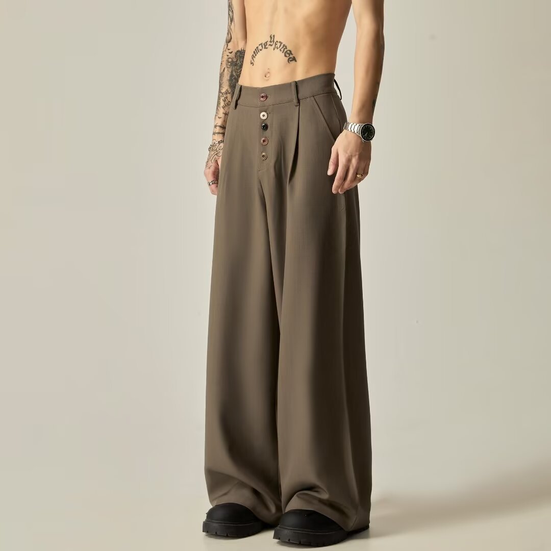 Men's Solid Color Polyester Casual Vertical Tube Wide-leg Pants - kinko