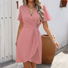 V-neck Short-sleeved Dress Summer Fashion Slim A-line Dresses Beach Clothing For Women - kinko