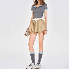 Wear Khaki Low Waist Drawstring Lace Puff Short Skirt - kinko