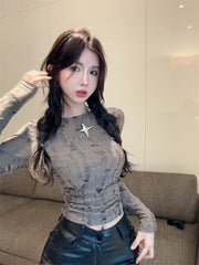 Autumn And Winter Ripped Hollow-out Long-sleeved Bottoming Shirt Inner Wear - kinko