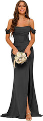 Off-the-shoulder Satin Bridesmaid Corset Ball Gown - kinko