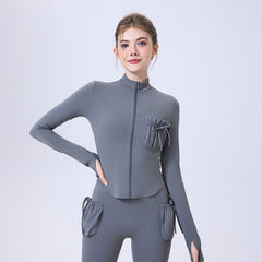 Zipper Sportswear Jacket Women Puffy Pocket Slim Fit Warm Slim Look Running Training Yoga Workout Long Sleeve