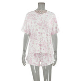 Autumn Casual Home Wear round Neck Short Sleeve Ruffled Shorts Two Piece Knitted Printed Pajamas for Women