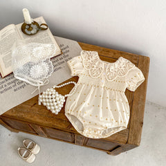 Big Lace Lapel Heart Printing Short Sleeved Kazakhstan Young Baby Girl Onesie Jumpsuit - kinko