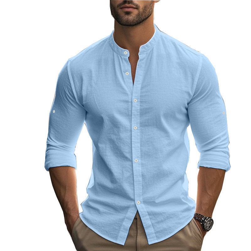 Men's Long Sleeve Standing Collar Slim Fit Casual Cotton Shirt - kinko