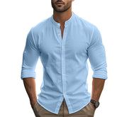 Men's Long Sleeve Standing Collar Slim Fit Casual Cotton Shirt - kinko