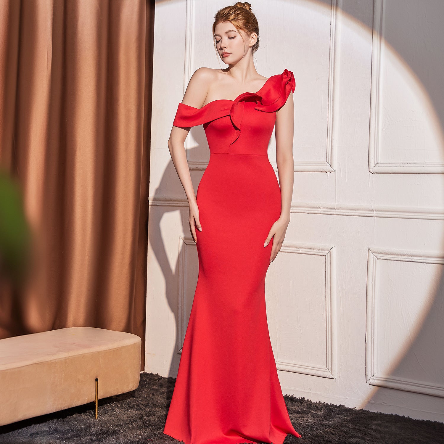High-end Slant Shoulder Slimming Long Dress - kinko