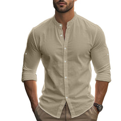 Men's Long Sleeve Standing Collar Slim Fit Casual Cotton Shirt - kinko