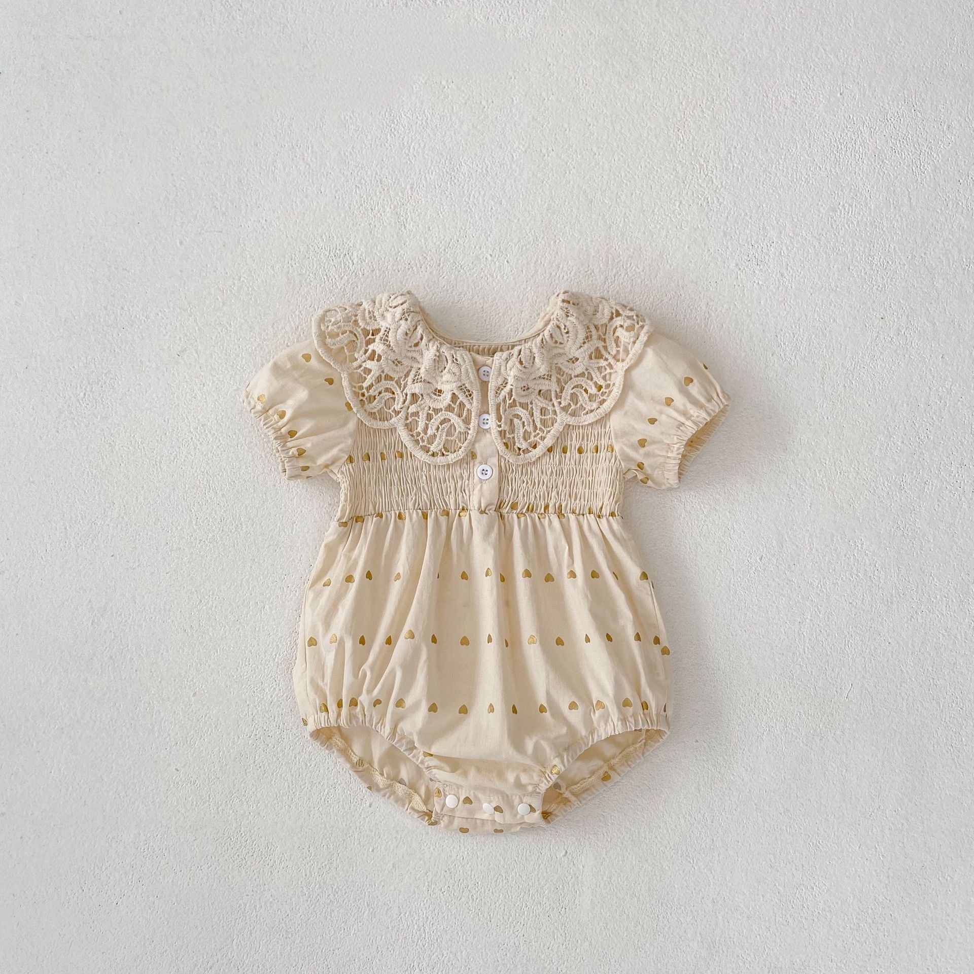 Big Lace Lapel Heart Printing Short Sleeved Kazakhstan Young Baby Girl Onesie Jumpsuit - kinko