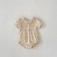 Big Lace Lapel Heart Printing Short Sleeved Kazakhstan Young Baby Girl Onesie Jumpsuit - kinko