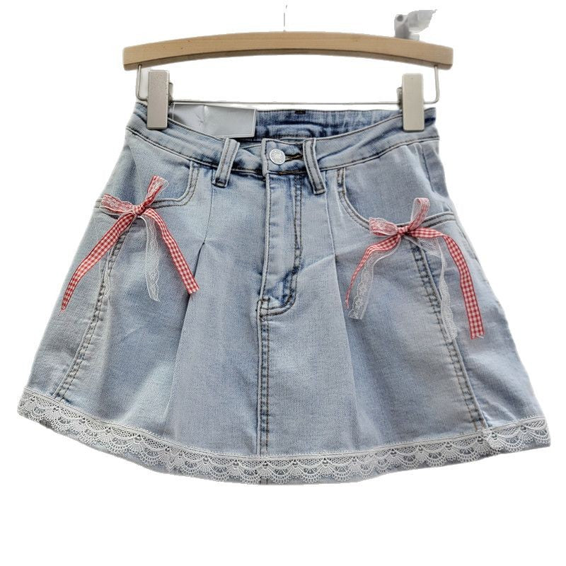 Lace Lace Band Bow High Waist Slimming A- Line Skirt - kinko