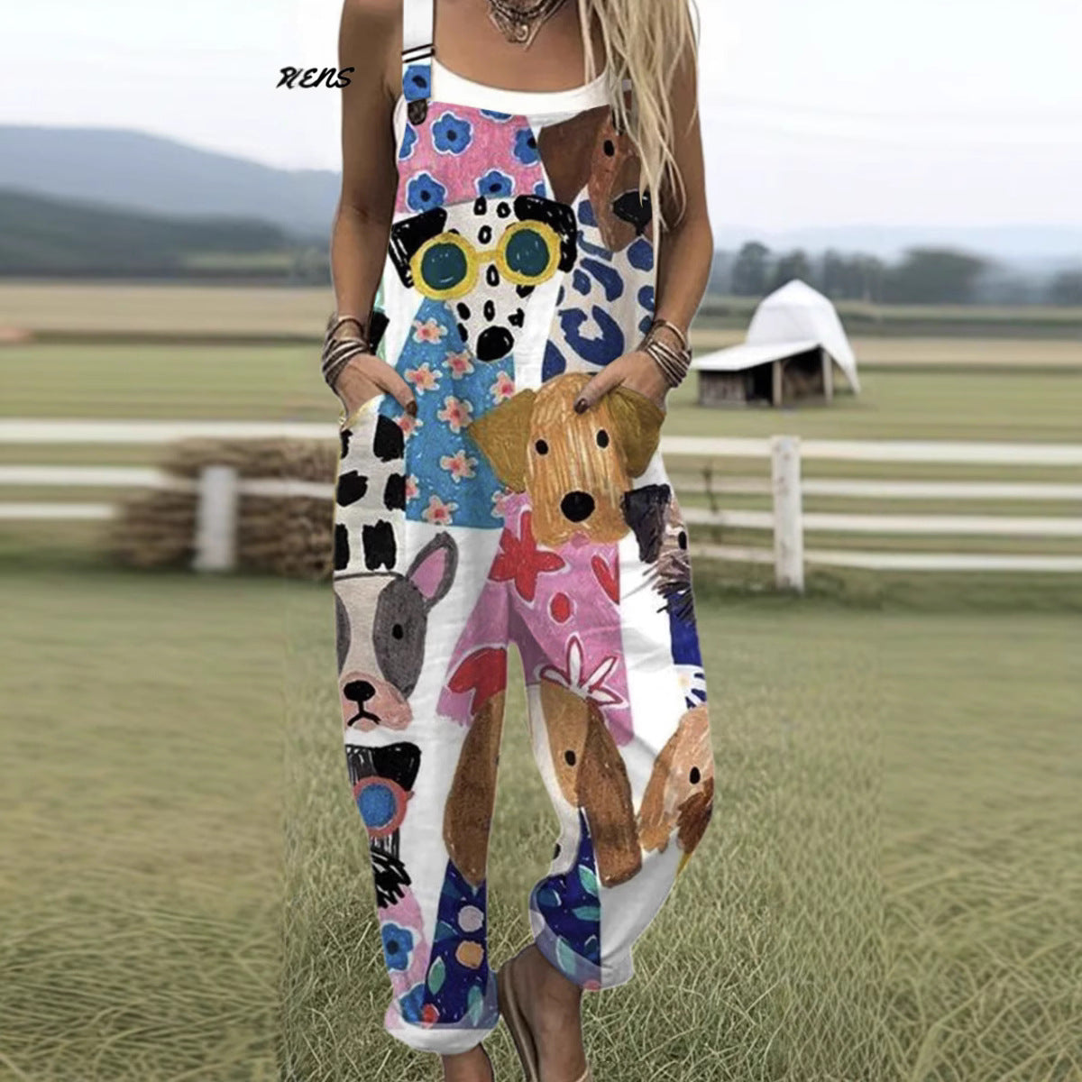 Printed Pocket Women's Suspender Trousers - kinko