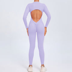 Women's Solid Color Backless Long-sleeve Zipper One-piece - kinko