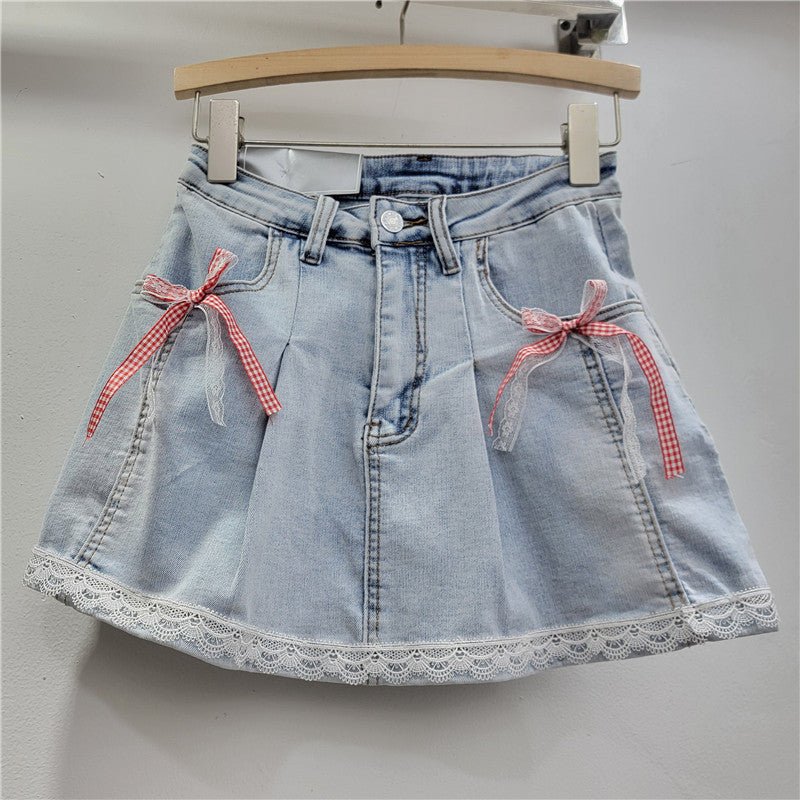 Lace Lace Band Bow High Waist Slimming A- Line Skirt - kinko