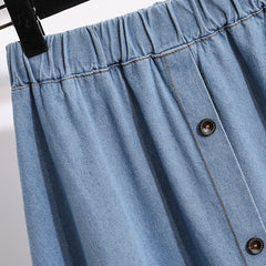 Plus Size Breasted Elastic Waist Blue Denim Skirt - kinko