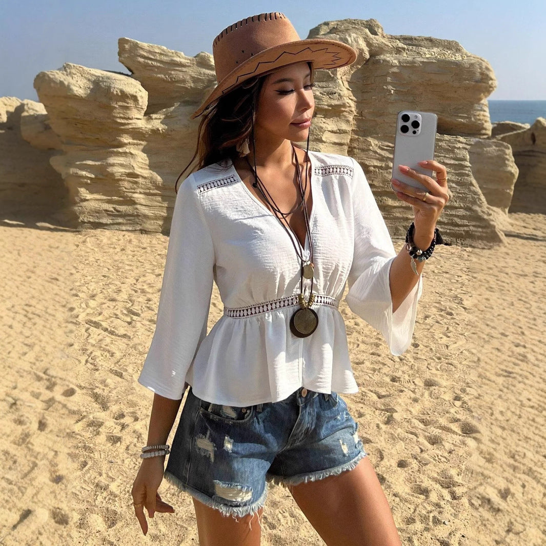 Solid Color Hollow-out Waist Inlaid Lace Shirt - kinko