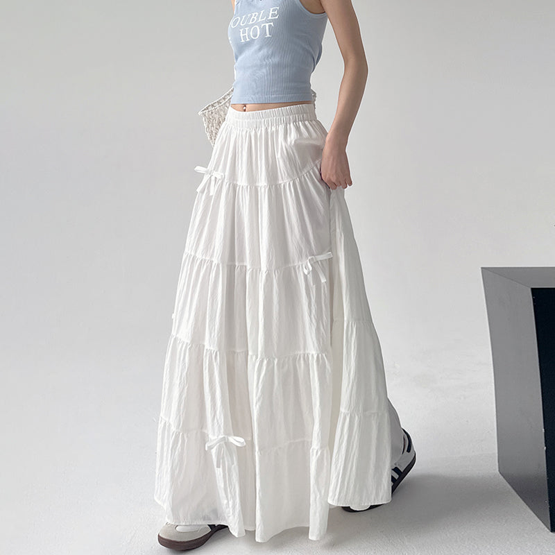 High Waist Retro Loose Bow Temperament Mid-length A- Line Skirt - kinko