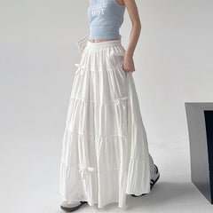 High Waist Retro Loose Bow Temperament Mid-length A- Line Skirt - kinko