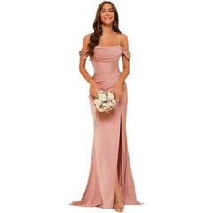 Off-the-shoulder Satin Bridesmaid Corset Ball Gown - kinko