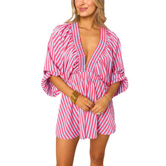 Shirt Slimming Casual Loose Deep V Wide Leg Short Jumpsuit - kinko