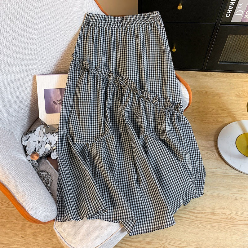 Summer Elastic Waist French Black And White Plaid Irregular A- Line Skirt - kinko