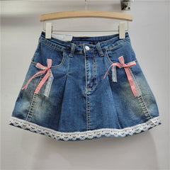 Lace Lace Band Bow High Waist Slimming A- Line Skirt - kinko