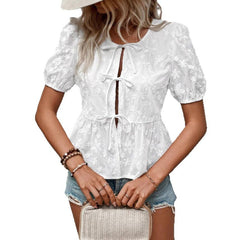 Solid Color Sweet Lace Puff Short Sleeve Shirt - kinko