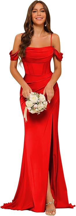 Off-the-shoulder Satin Bridesmaid Corset Ball Gown - kinko
