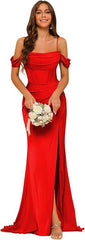 Off-the-shoulder Satin Bridesmaid Corset Ball Gown - kinko