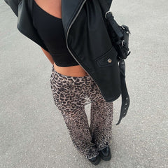 Leopard Print Mesh Floral Print Trousers - kinko