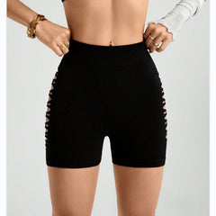 Sportliche Damen-Yogahosen in Pfirsichfarben, nahtlos gestrickt, mit Hüftlift, schnelltrocknend und atmungsaktiv, mit seitlichen Cut-outs.