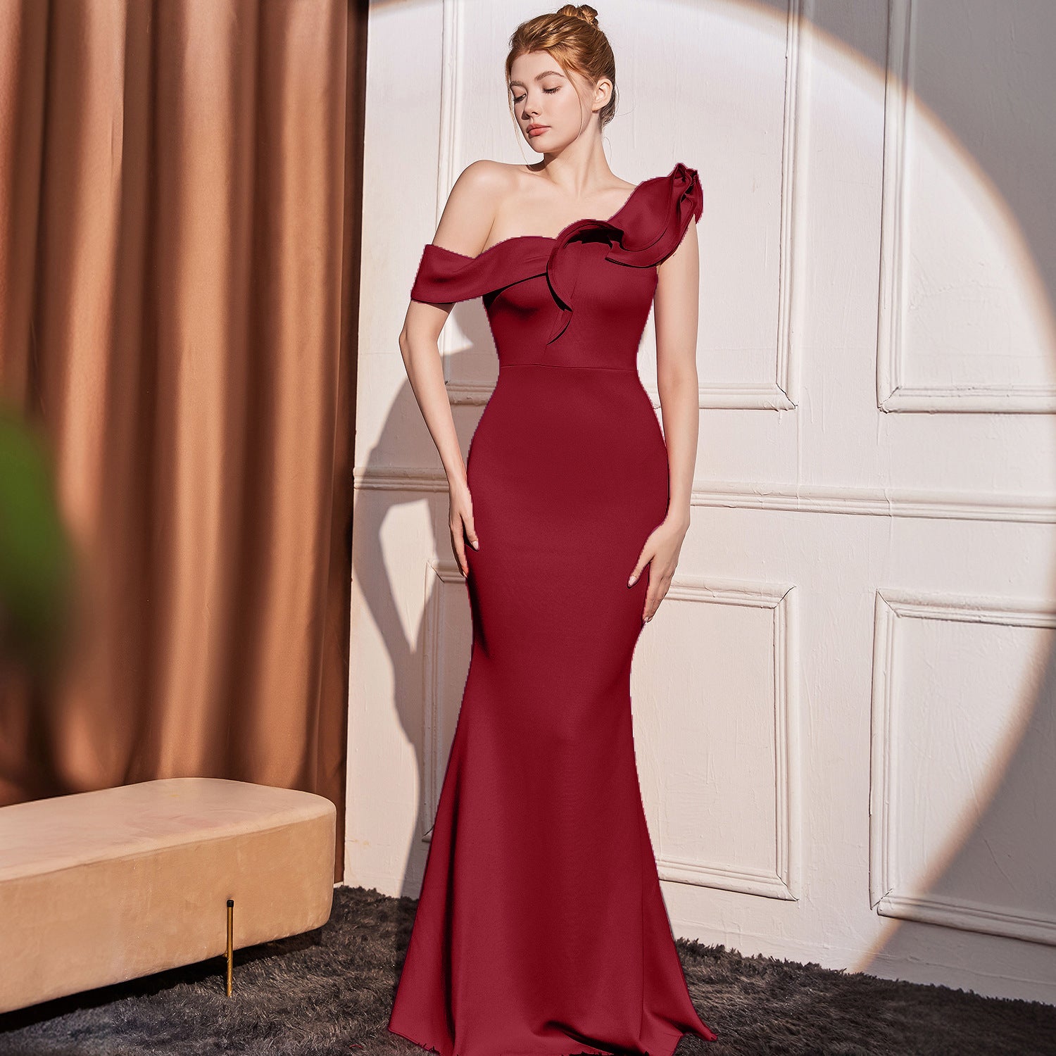 High-end Slant Shoulder Slimming Long Dress - kinko