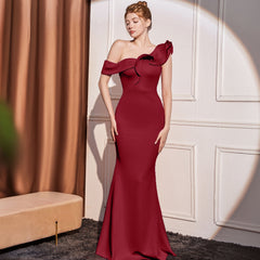 High-end Slant Shoulder Slimming Long Dress - kinko