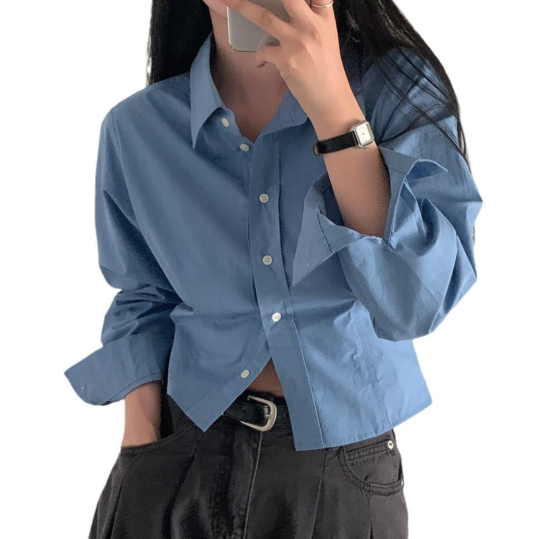 Waist-tight Slimming And Short Long-sleeved Shirt Women's Lapel Shirt - kinko