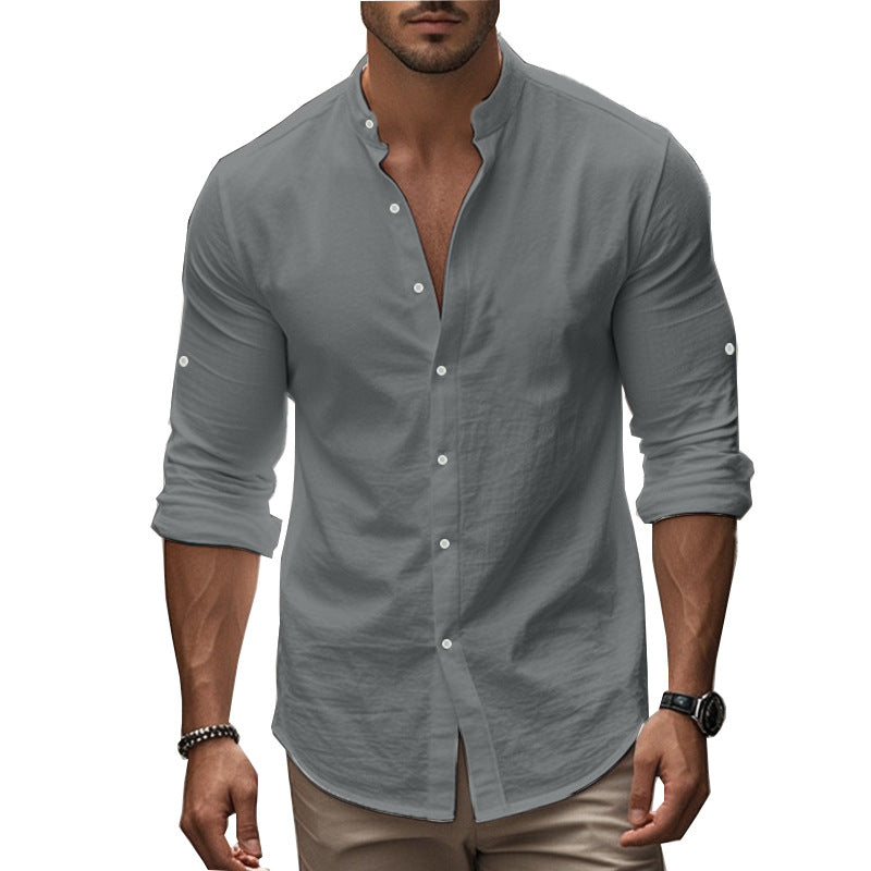 Men's Long Sleeve Standing Collar Slim Fit Casual Cotton Shirt - kinko