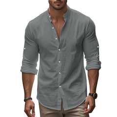 Men's Long Sleeve Standing Collar Slim Fit Casual Cotton Shirt - kinko