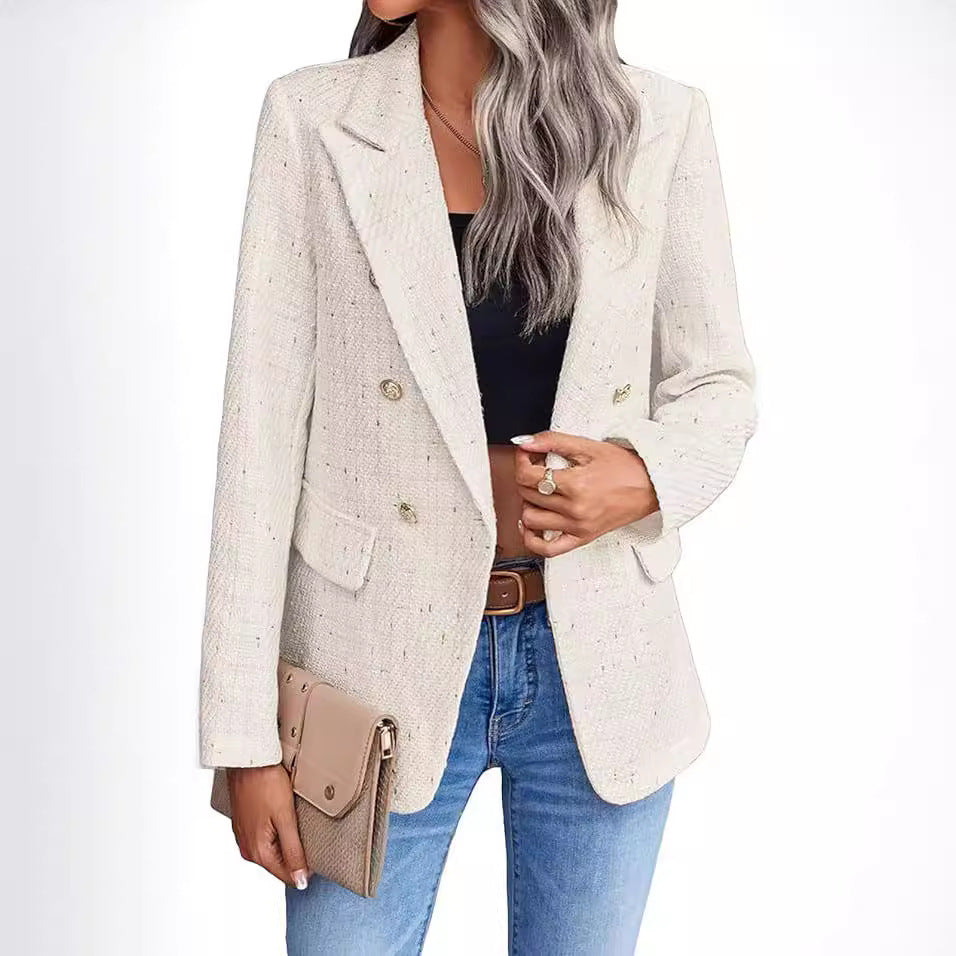 Women's Polyester Tweed Blazer With Fashion Casual Top Pockets - kinko