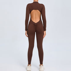 Women's Solid Color Backless Long-sleeve Zipper One-piece - kinko