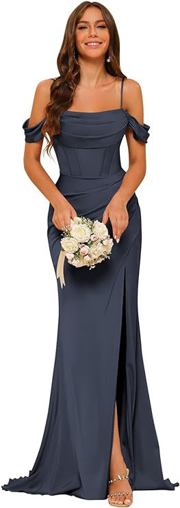 Off-the-shoulder Satin Bridesmaid Corset Ball Gown - kinko