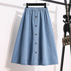 Plus Size Breasted Elastic Waist Blue Denim Skirt - kinko