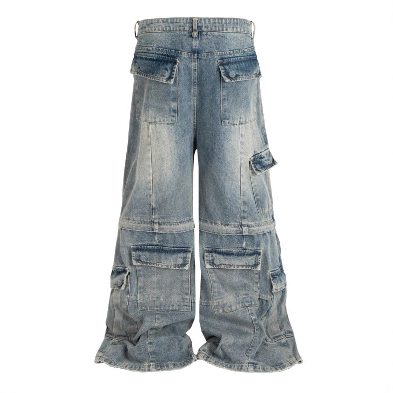 Detachable Worn Looking Washed-out Multi-pocket Detachable Two-way Wear Micro-pull Overalls - kinko