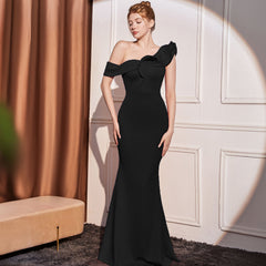 High-end Slant Shoulder Slimming Long Dress - kinko